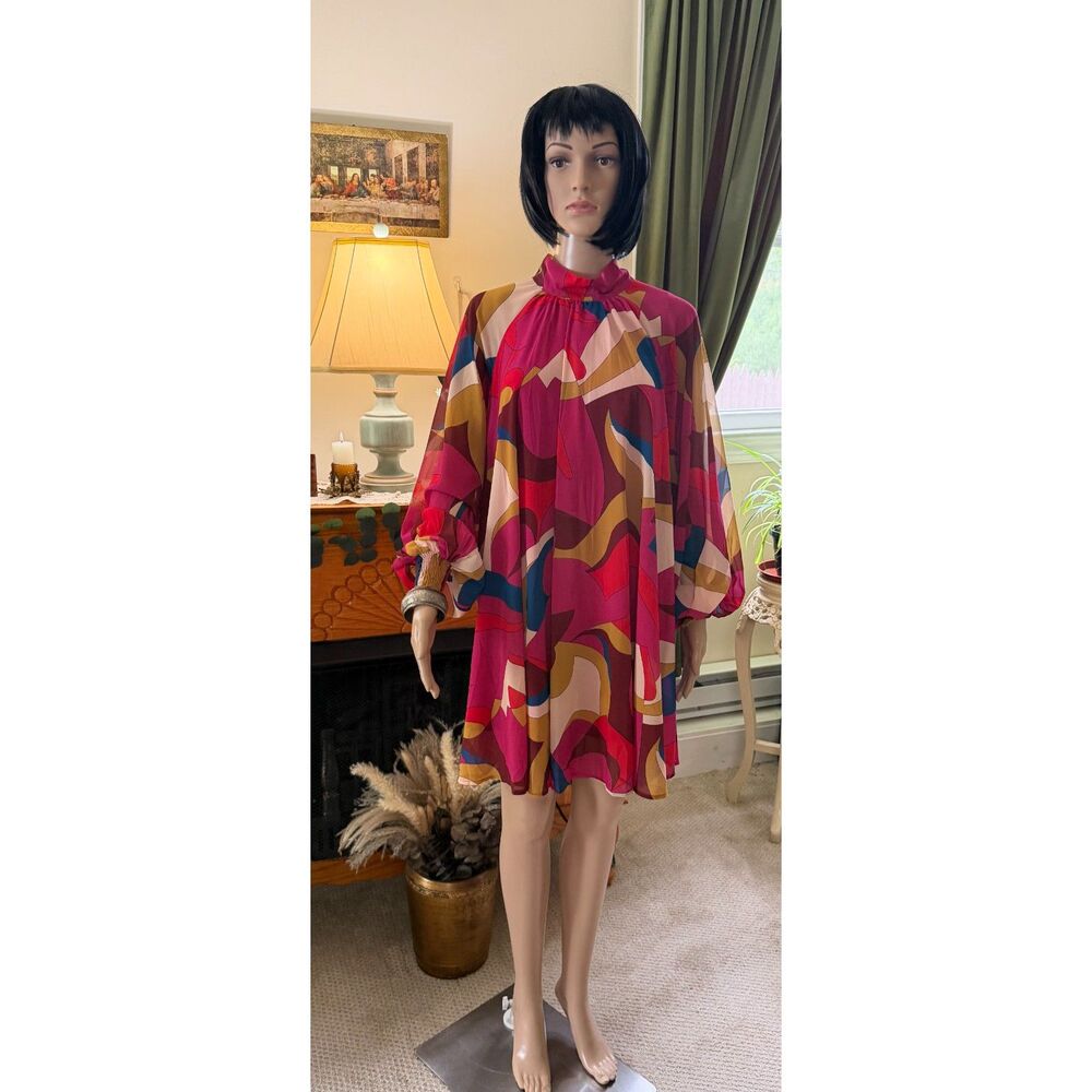 Aura S Abstract Print Chiffon Dress Pink Boho Balloon Sleeve Lined Tunic